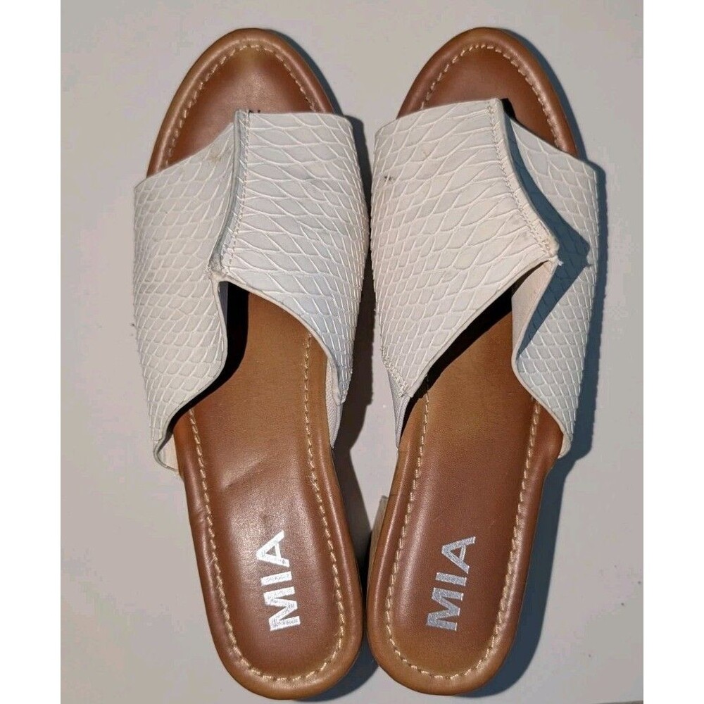 MIA Girl Sandals Womens Size 9 White Slide Block Heel Studded Snake Skin Shoes